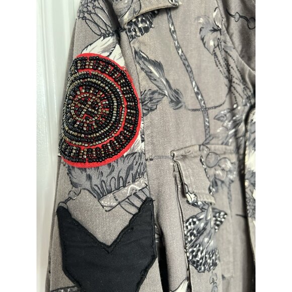 Guess Los Angeles Jacket Sz M Beaded Details Star Feather Print Drawstring Waist - Picture 3 of 16